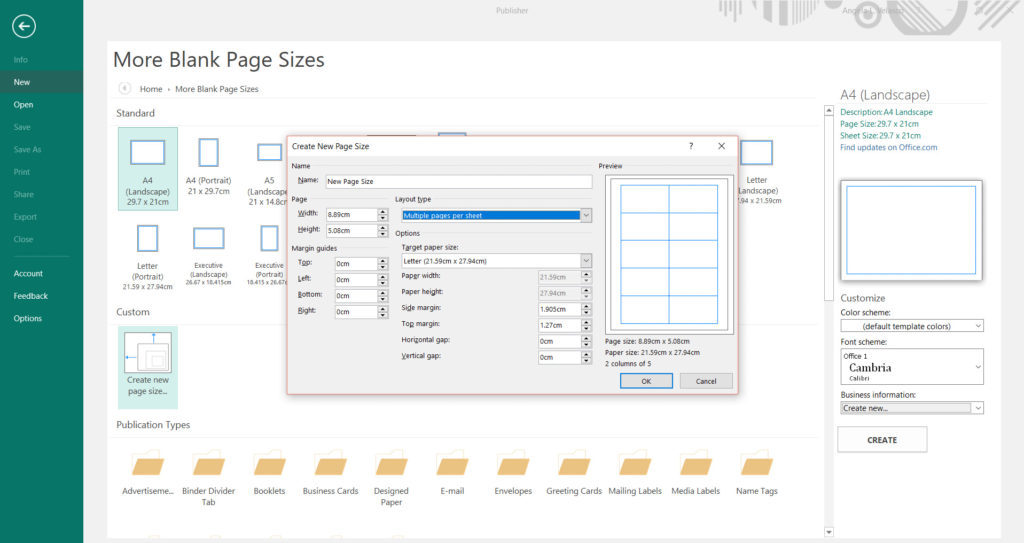 Create new page size