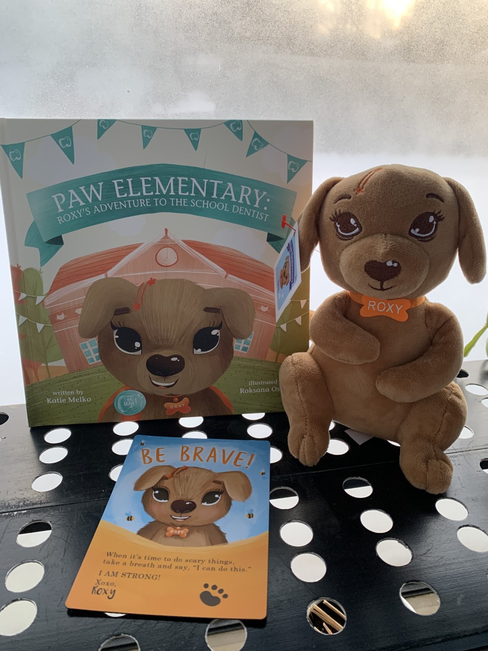 Paw Elementary book, inspiration postcard, Roxy stuffed toy