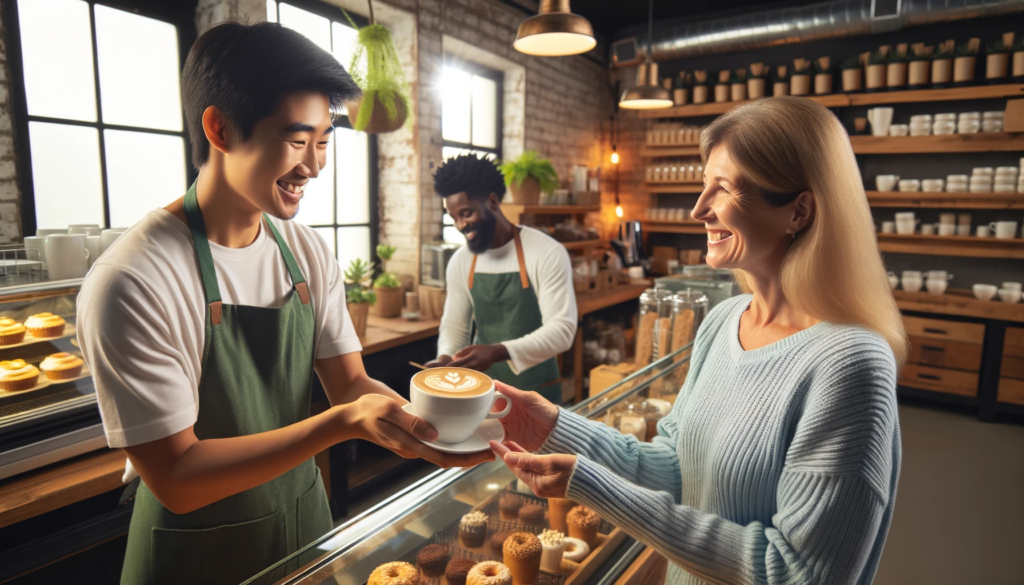 A small, cozy coffee shop scene where a barista of South Asian descent is handing over a cup of coffee to a customer.