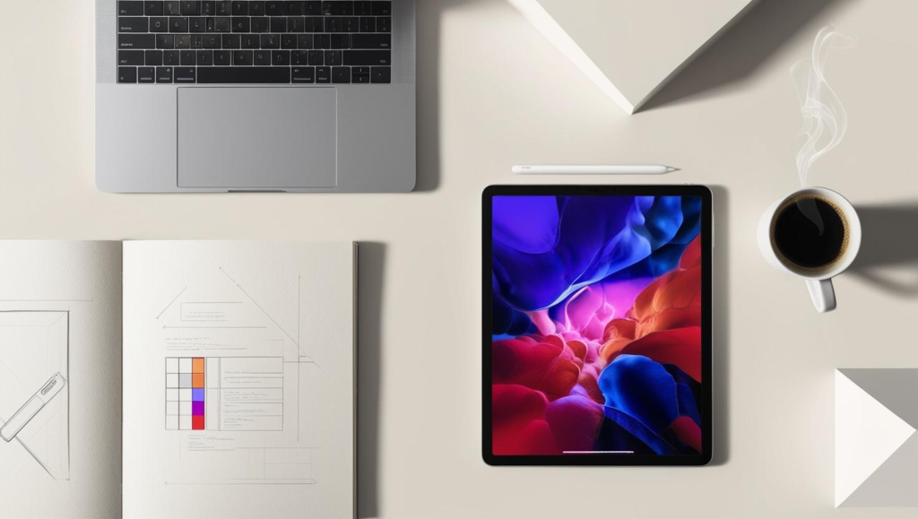 A minimalist flat-lay of a designer’s workspace laptop, sketchpad, tablet, and coffee.