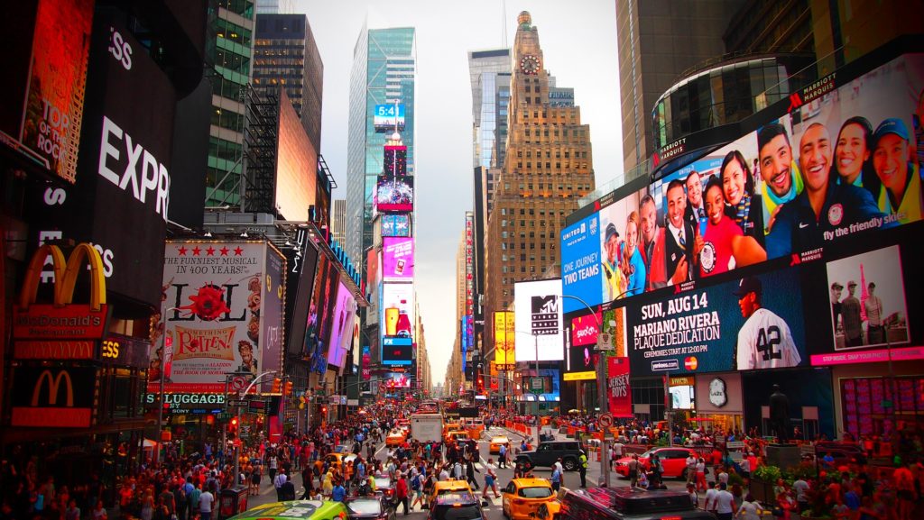Outdoor advertising remains to be omnipresent in city life. Outdoor advertising in New York.